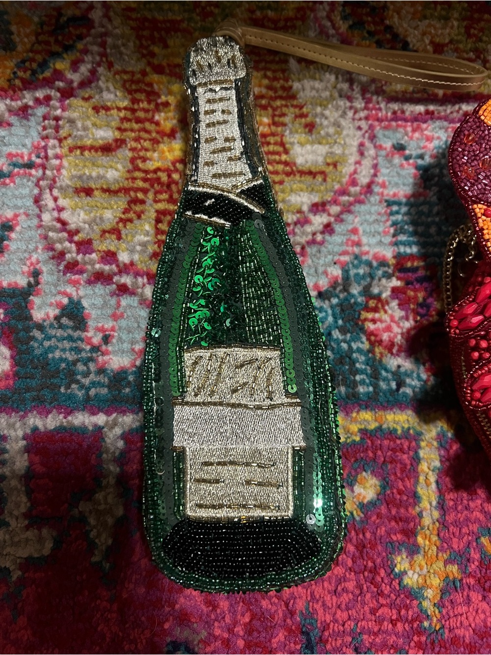 Sequin Champagne Bottle Wristlet - Green and Gold